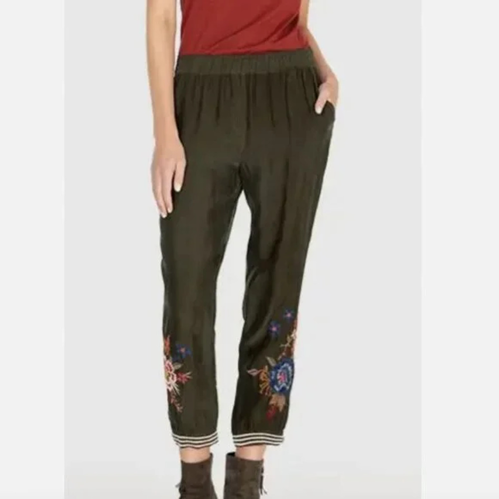 $220 Johnny Was Olive Green Embroidered Margo Satin Jogger Pants Small NEW